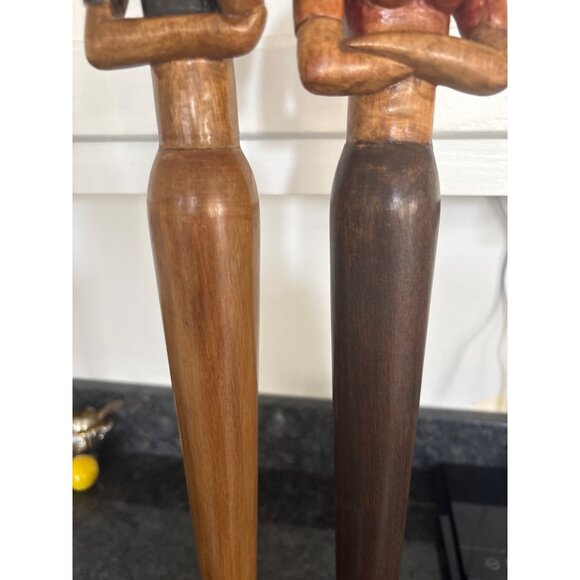 Hand-Carved African-Inspired Wooden Female Figurines Statues On Black Stands - Picture 4 of 16